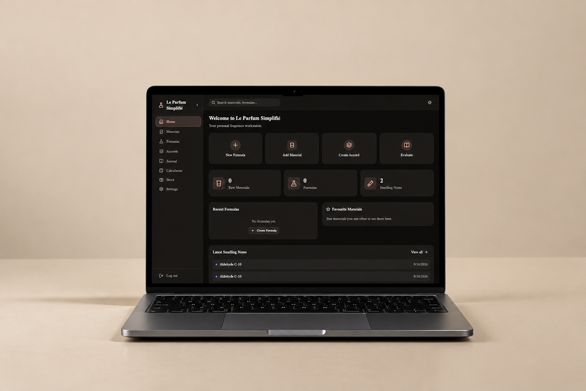 The Le Parfum Simplifié perfumery software dashboard on a laptop